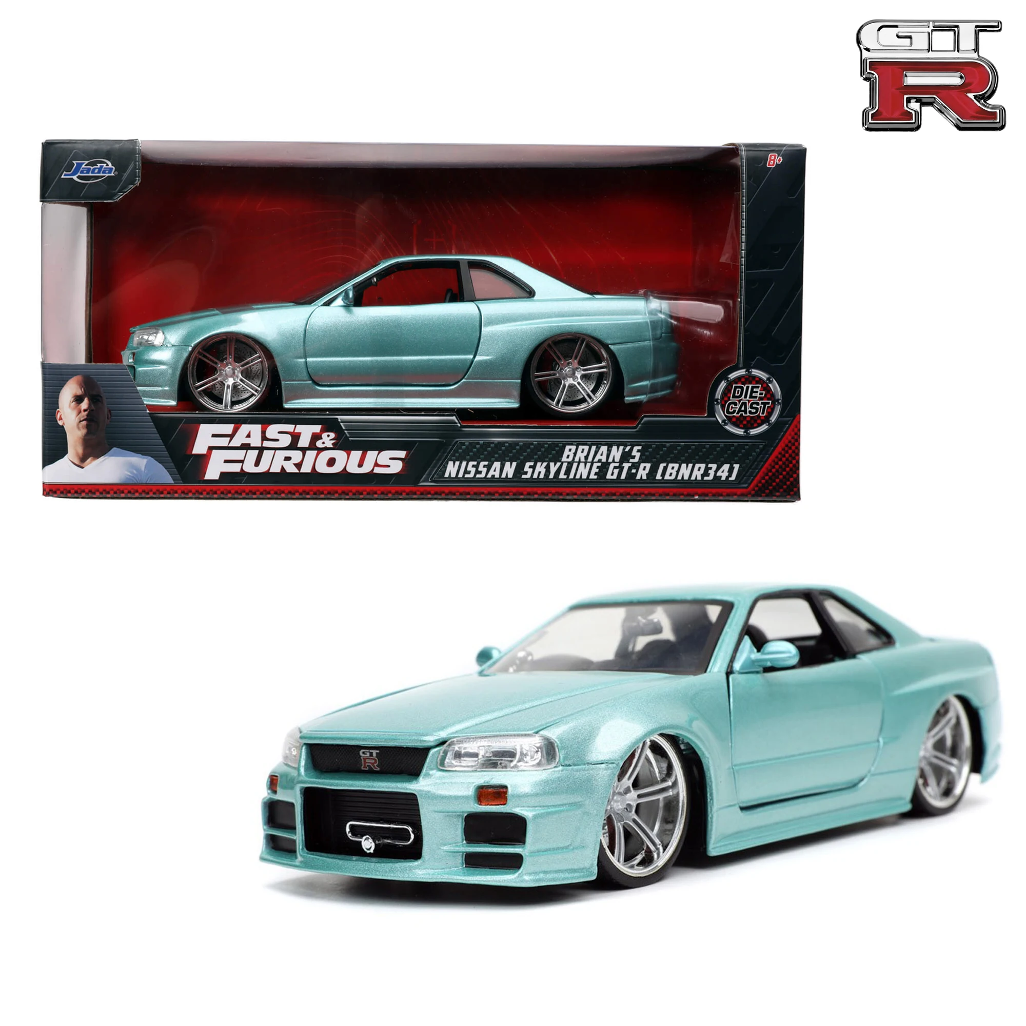 

Jada Toys Fast&Furious 1:24 Brian 2002 Nissan Skyline GT-R R34 Blue Green JDM Street Drift Super Cars Metal Case Gift Original