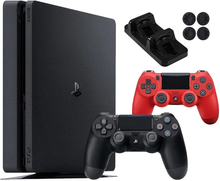 Sony PlayStation 4 Slim (500GB) (CUH-2216A) + 2-й геймпад (красный) зарядная станция накладки на стики |