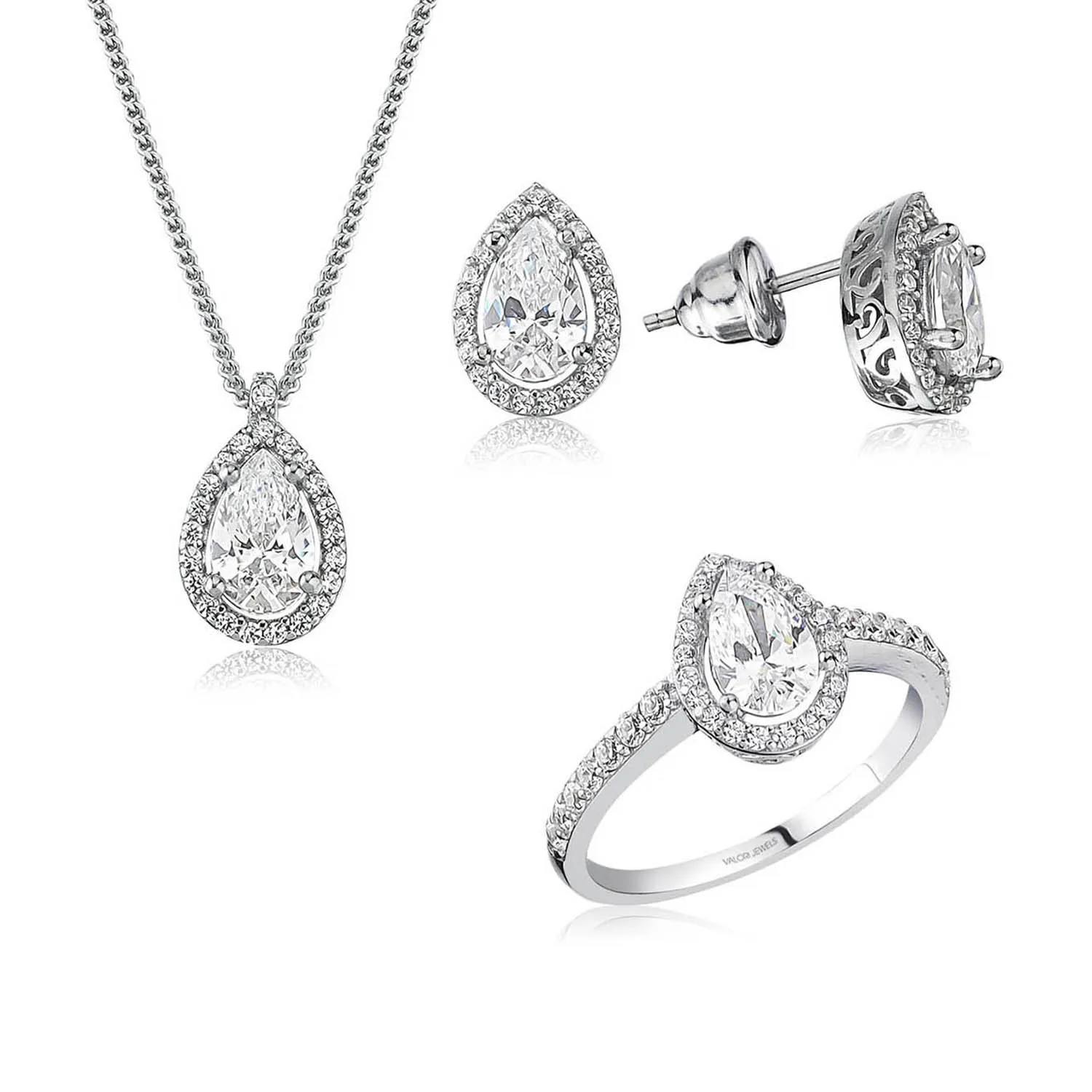 

Valori Jewels 3 Carat, Zirconia White Pear & Round Gemstone, Rhodium Plated, Solitaire Trio Set
