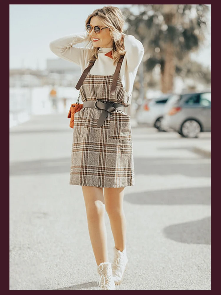Dotfashion клетчатое платье в шотландскую клетку с пряжкой весеннее женское платье-сарафан с двумя карманами платье цвета хаки без рукавов