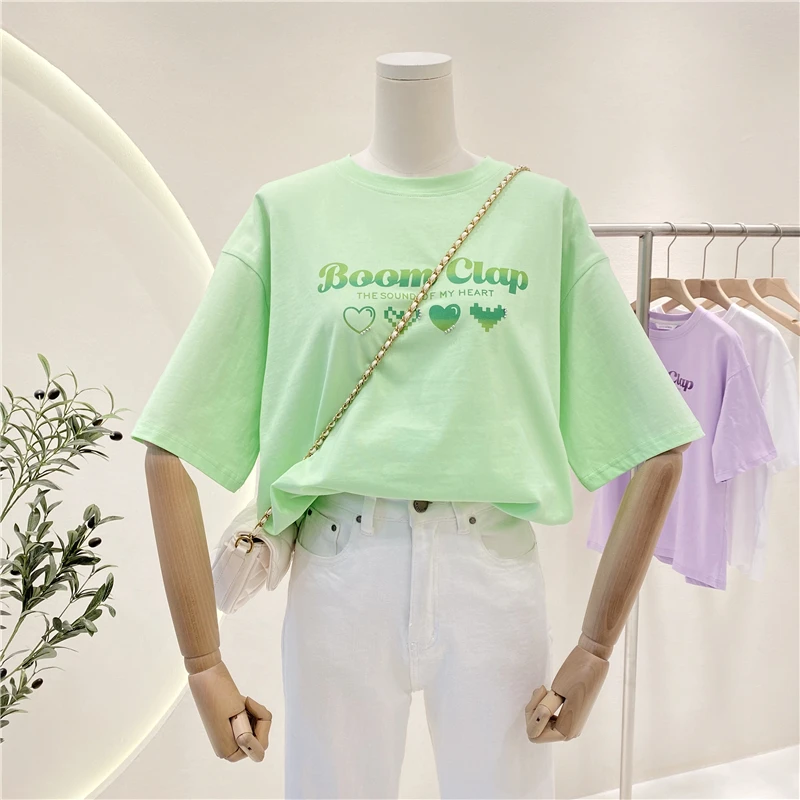 

Young Style Women Heart Printed T Shirt 2022 Summer Short Sleeve Aesthetic Trendy Tees Femme Ultra Soft Cotton Basic Tops Green