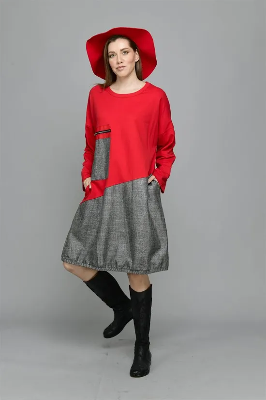 For Women Asymmetrical Cut Pocket Detailed High Quality Fabric Red Gray Color Long Sweatshirt 2021 New Fashion Elegant Style