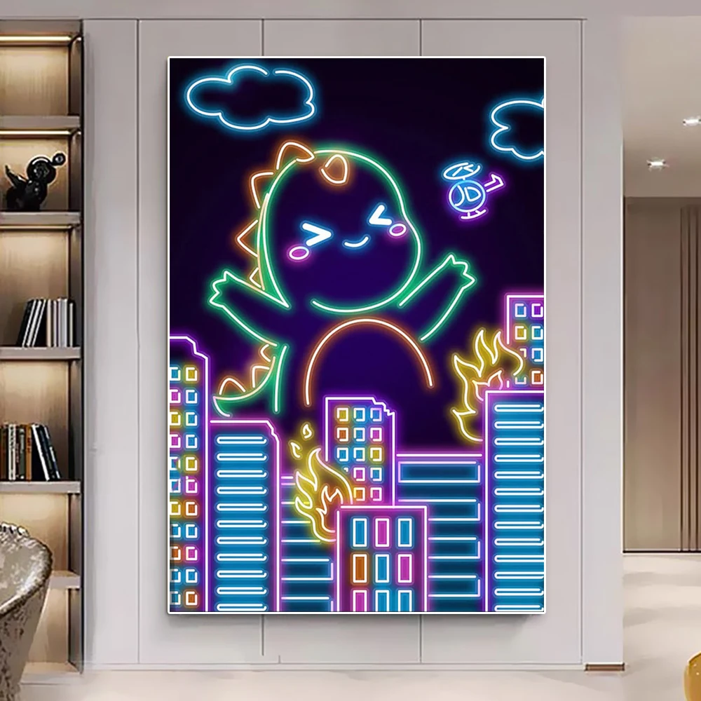 

Neon Effect Mural Cartoon Anime Dinosaur Poster Print Comic City Landscape Canvas Painting Wall Art Living Room Home Decoration