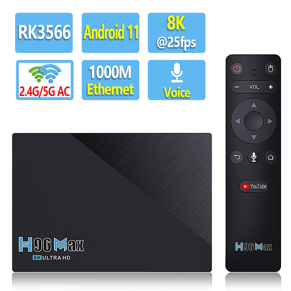 

RK3566 Android 11 H96 MAX 3566 Android ТВ ящик медиа плеер 2.G/ 5G двухъядерный процессор Wi-Fi 1000 м BT4.0 4K HD Декодер каналов кабельного телевидения ТВ коробка 8 ГБ/4 ...