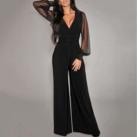new women sexy casual v neck mesh stitching rivet straight wide leg jumpsuit professional wind transparent sleeve jumpsuit