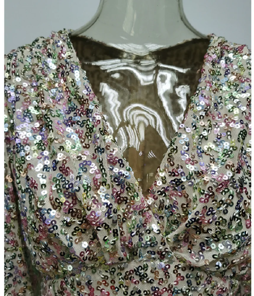 

KISSQIQI Women Sexy Dress 2020 new Summer Dress Celebrity Evening Club vintage V-neck long-sleeved sequin dress dress vestido