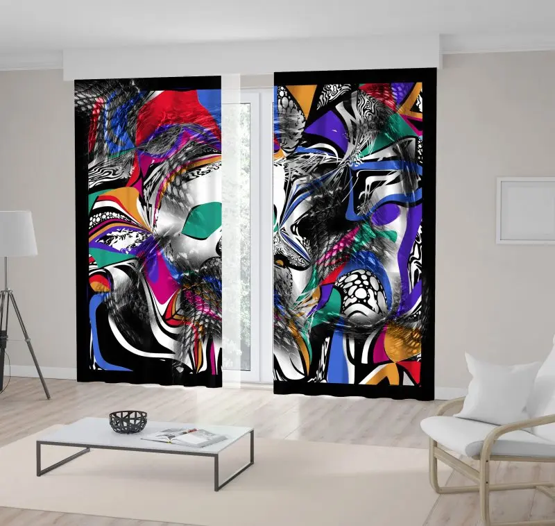 

Curtain Colorful Geometric Lines Patterns Abstract Artwork Printed Blue Black White