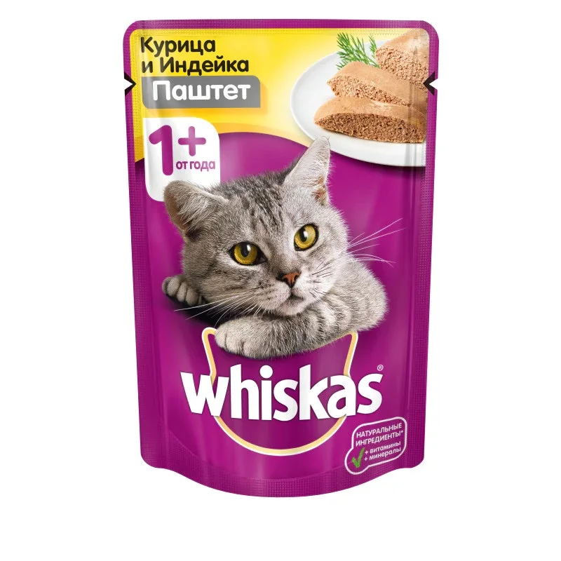 Влажный корм для кошек Whiskas паштет с курицей и индейкой 24 шт по 85г. | Дом сад
