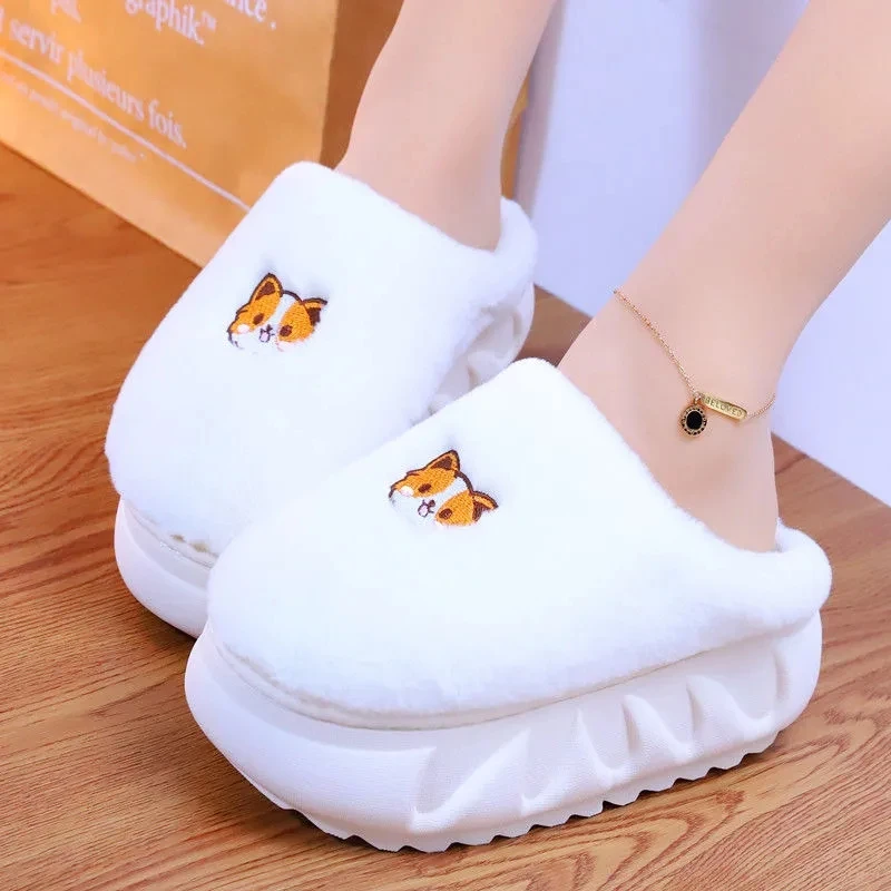 

White Shiba Inu Slipper Women Winter Fluffy Home Shoes Girls Pink Chunky Flip Flops Black Mules Shoes Female Platform Fur Slides