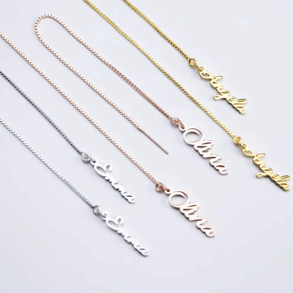 Custom Name Earrings Personalized Name Threader Earrings Gold Stainless Steel Dangle Long Chain Ear Line Ear Chain For Women