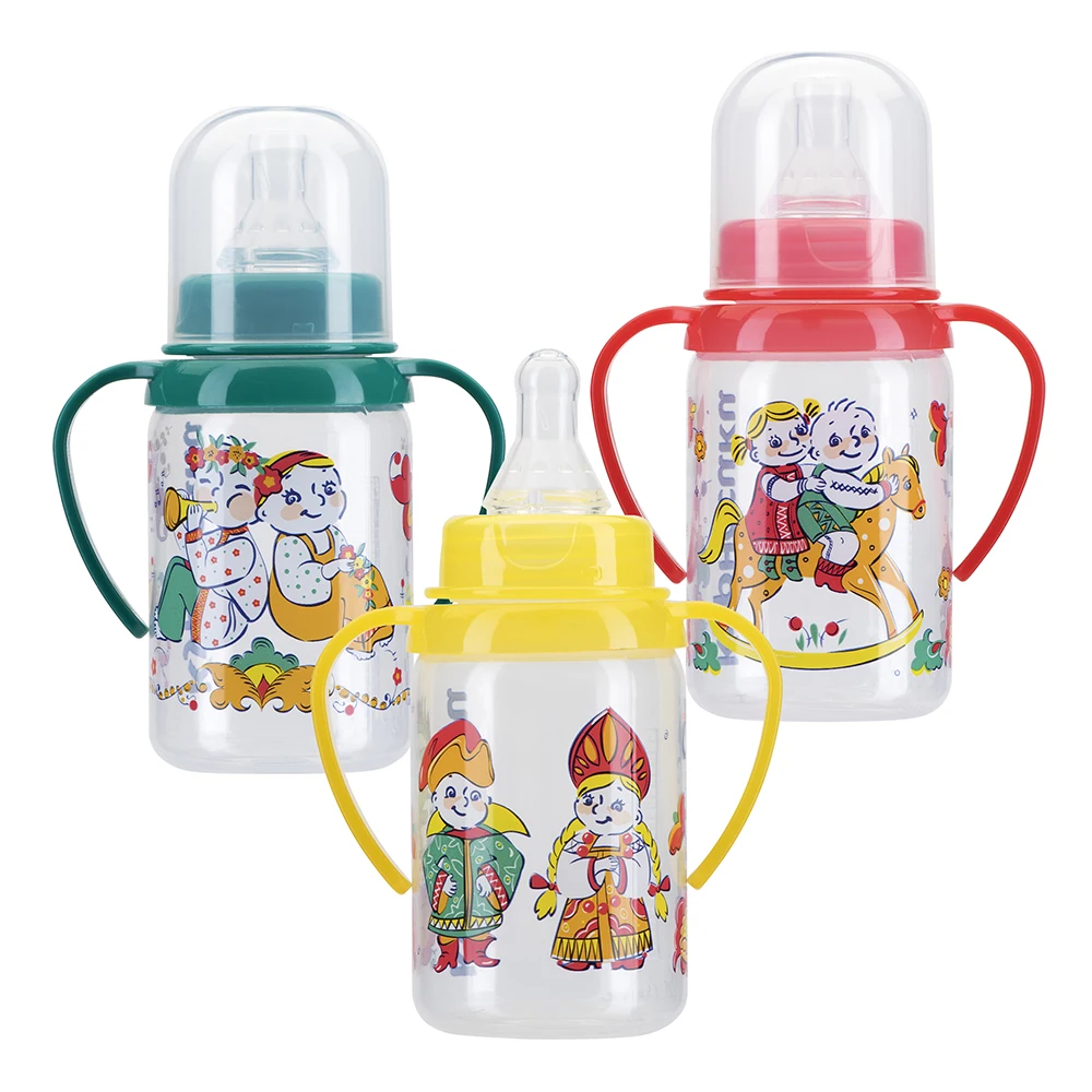 Бутылочка КУРНОСИКИ для кормления с ручками и силиконовой соской молочной 125