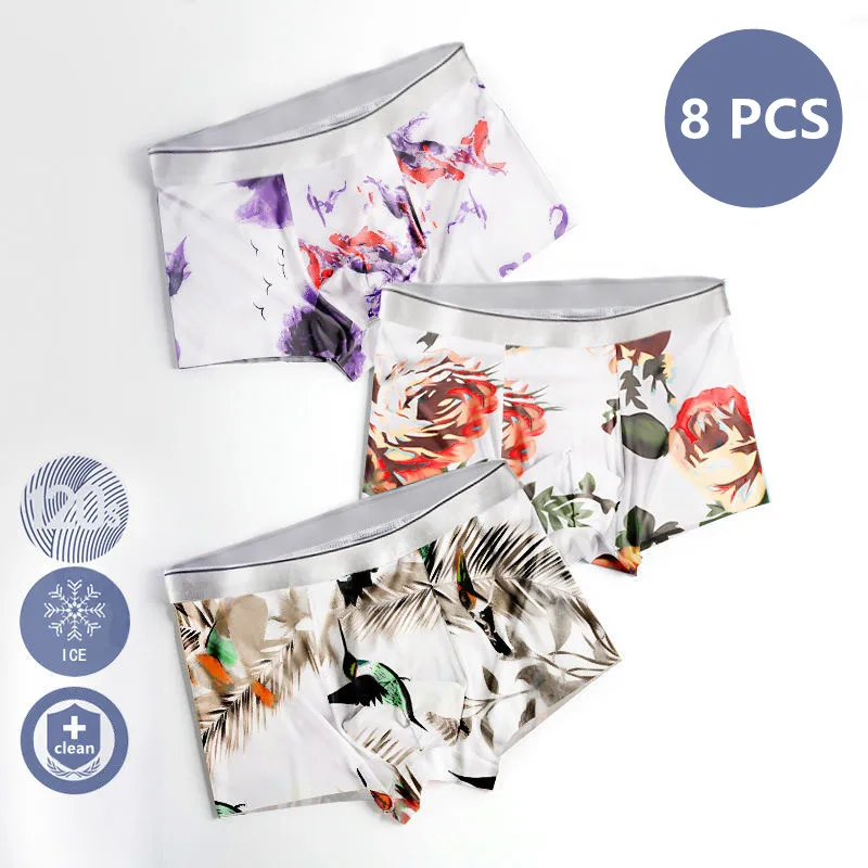 2022 New Ice Silk Underwear Suit Printing Pattern Men Boxer Ice Silk Shorts For Men