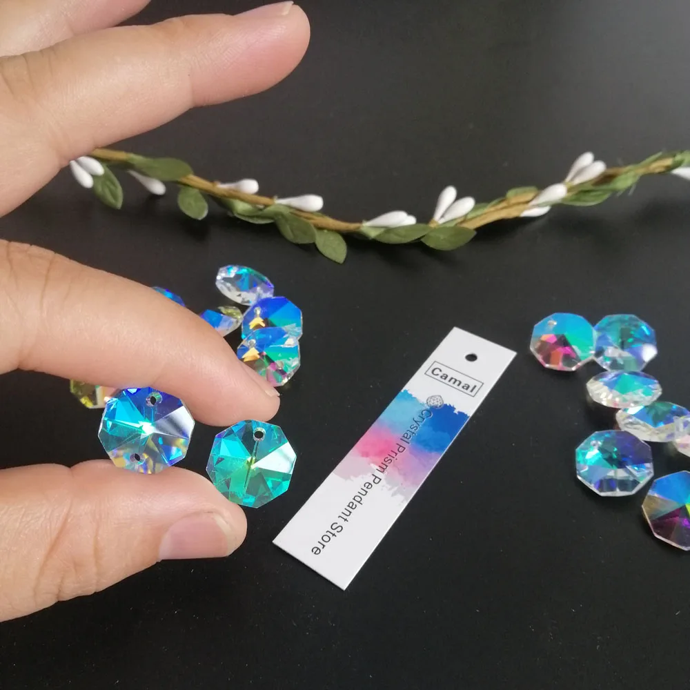 

Camal 30Pcs 14mm AB Color ONE/TWO Holes Crystal Octagonal Loose BeadsChandelier Lamp Parts Curtain Craft Wedding Ornament Home