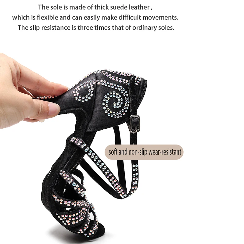 Girls Black Strappy Latin Dance Shoes for Woman Crystal Ballroom Dancing Shoes for Wedding Women Suede Leateher Latino Shoes