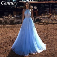 century sky blue sequined formal dress tulle princess prom dress sexy backless evening dress halter neck party dress robe de bal