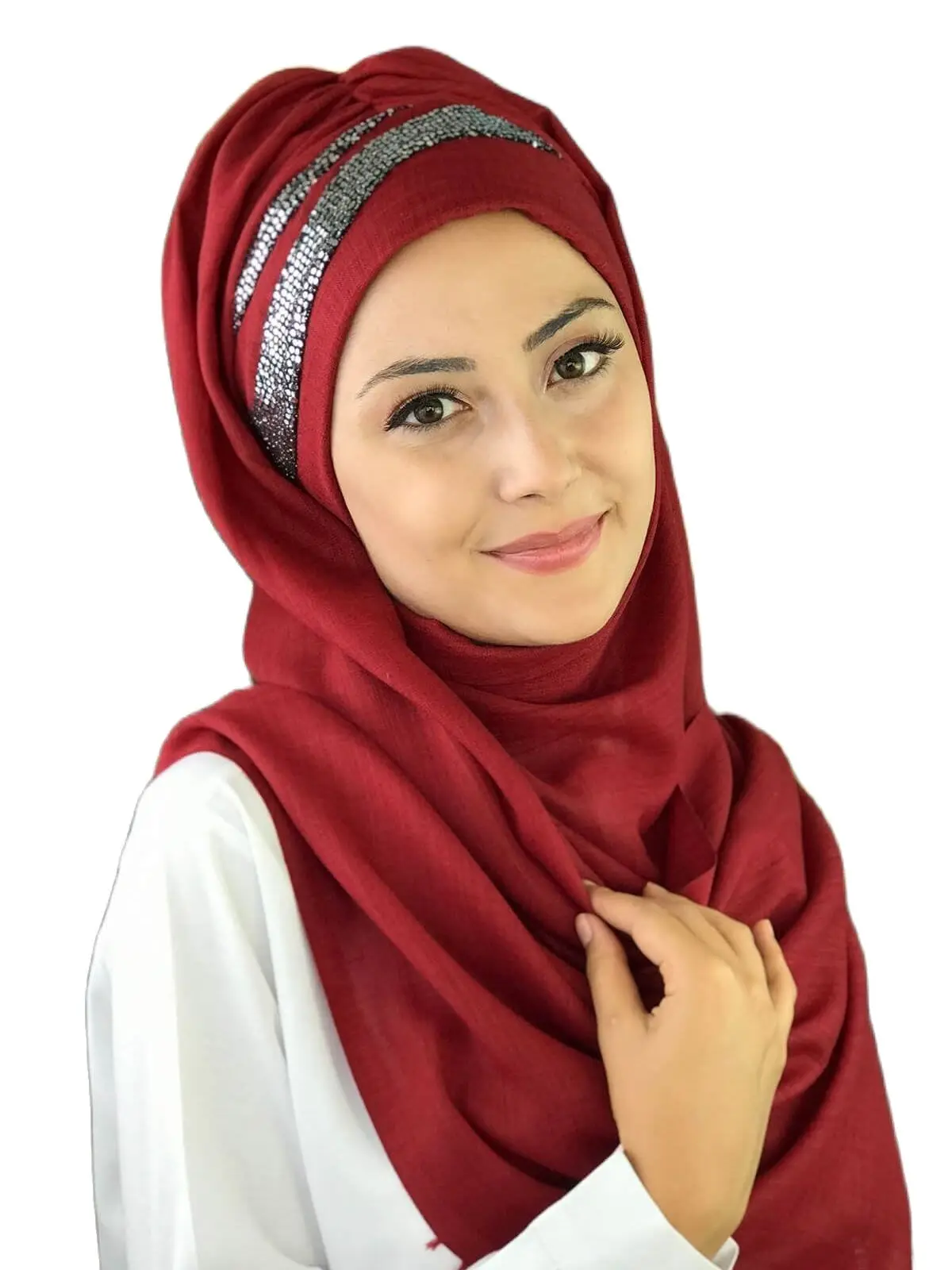 

2021 New Fashion Hijab Women Muslim Islamic Turban Scarf Hat Foulard Sequin Sequined Asymmetrical Detail Claret Red Ready Shawl