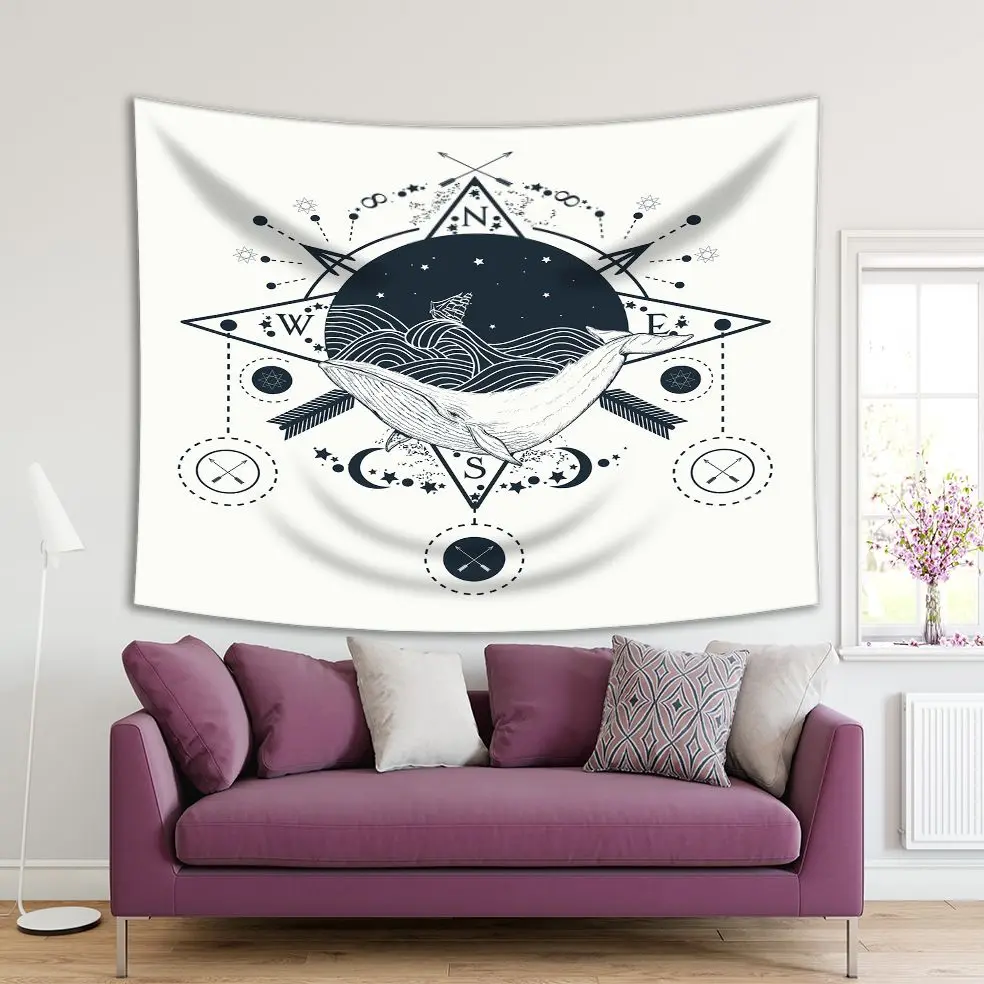 

Tapestry Ship Storm Waves Whale under Water Travel Adventure Hipsters Marine Theme Graphic Style Artwork Navy Blue