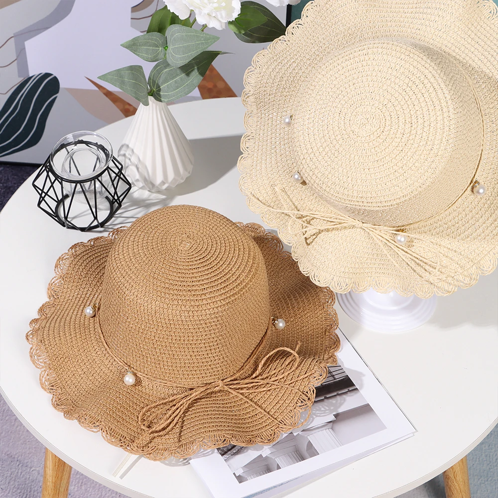 

1pc Summer Straw Hat For Children Adults Pearl Panama Beach Hat Holiday Sun Cap Breathable Hat UV Protection Cap with Lace