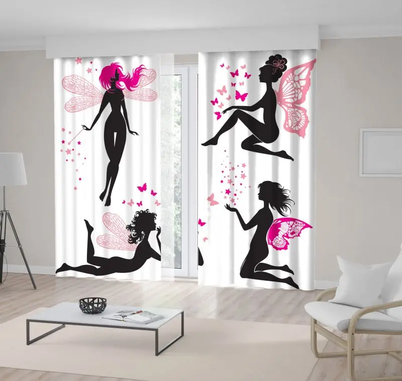 

Curtain Fairy Girls with Wings Butterflies Stars and Wand Magic Fun Happy Cartoon Black and Pink Artwork Print