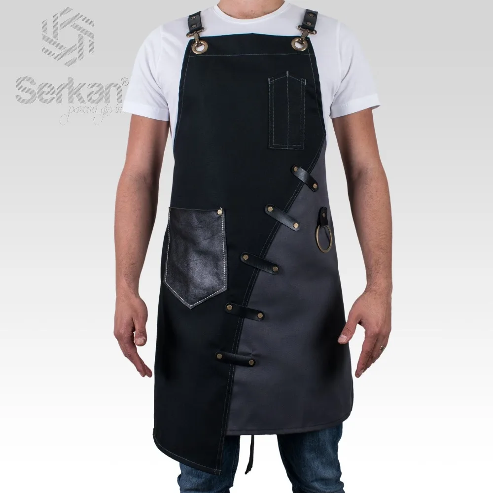 Men Unisex Apron Bib Chef Kitchen Apron Barista Apron Bartender Coffee Restaurant Cooking Apron with Pockets