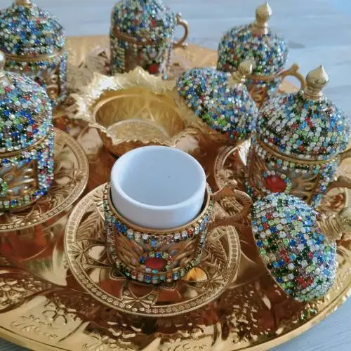 

Garbi Turkish Coffee Set For 6 People With Ottoman Motif - Golden Stone with lid, round tray Kitchen Home Accessories