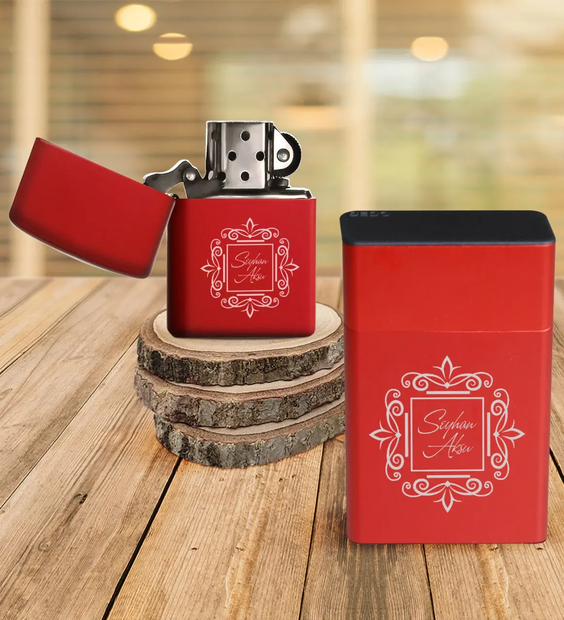 

Personalized Is Red Metal Cigarette case Red Gasoline Lighter Set-1