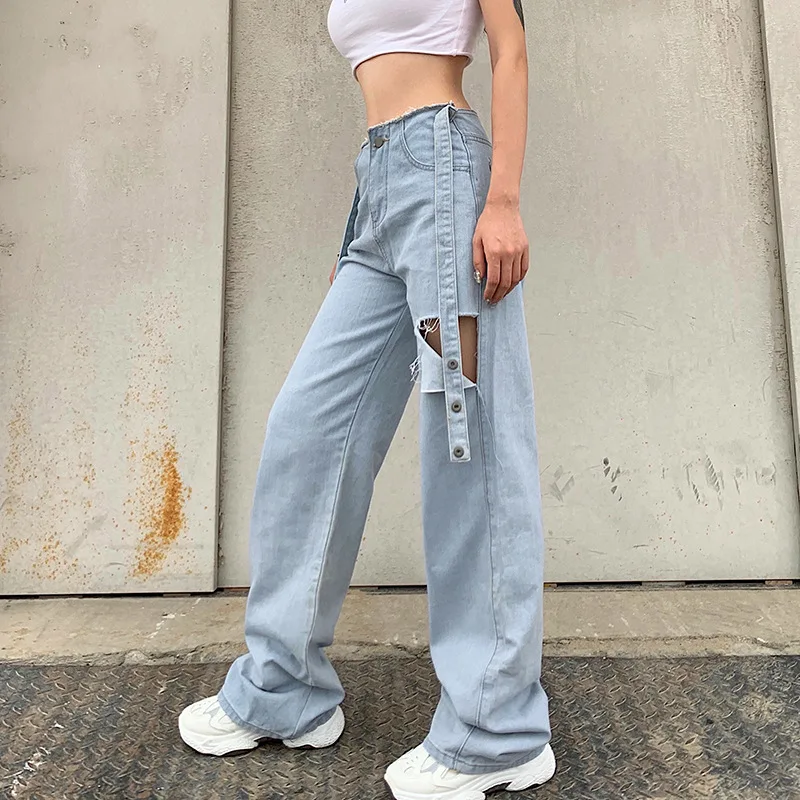 

With Belt Cut Out Women's Straight Wide Leg Pants Hole Harajuku Y2K Baggy High Waist Mom Jeans Punk Tattered Denim Streetewar