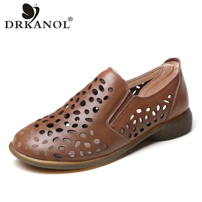 

DRKANOL 2021 Women Genuine Leather Summer Flat Shoes Slip On Loafers Ladies Hollow Breathable Moccasins Daily Casual Shoes