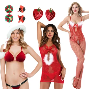 Рождественский костюм, сексуальное нижнее белье, платье, носки, соска, перо, Эластичный Бант, сетка, цветок, слинг, открытая спина