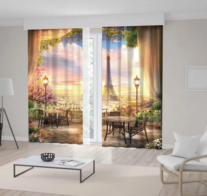 Занавеска красочное драматическое небо с восходом солнца видом на Эйфелеву
