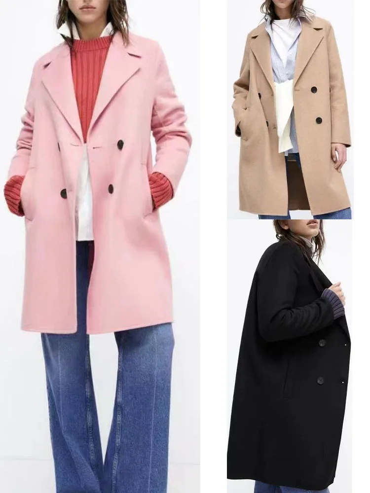 

autumn and winter simple atmosphere in the long double-breasted loose pockets texture temperament wool coat jacket women