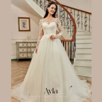 simple modern a line wedding dress lace chest design wedding gowns with long sleeves tulle train wedding dress vestido de noiva