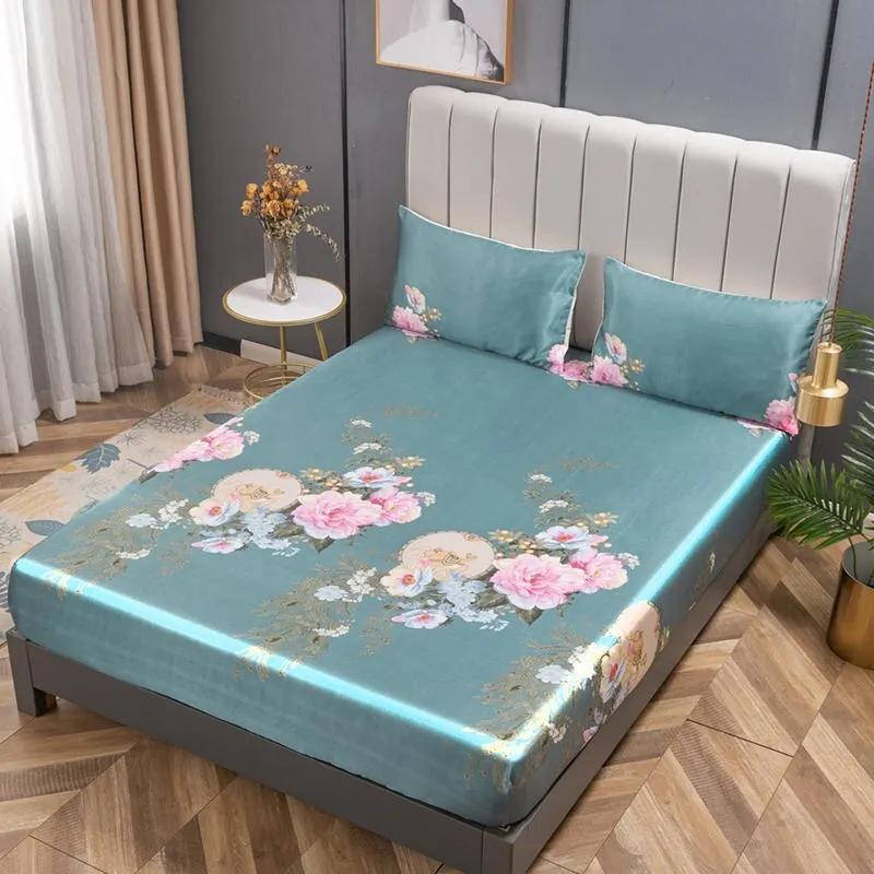 

Floral Printed Fitted Sheet 3pcs Bedding Set Bed Mattress Cover Elastic Band Queen King Size Mattress Protector Bedspread Kit
