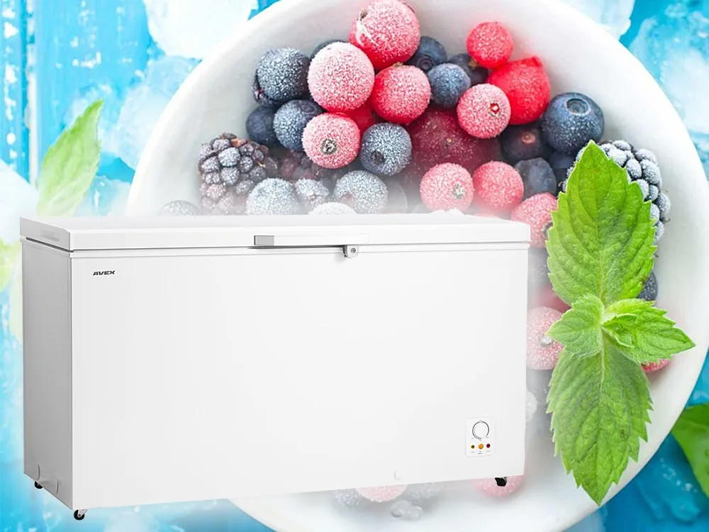 Морозильный ларь AVEX CF-510, обьем 480л, класс А+, 2 корзины, замок, 26кг/сут, сохранение холода до 50ч, зимняя защита, индикация повышения температуры, ножки колесики