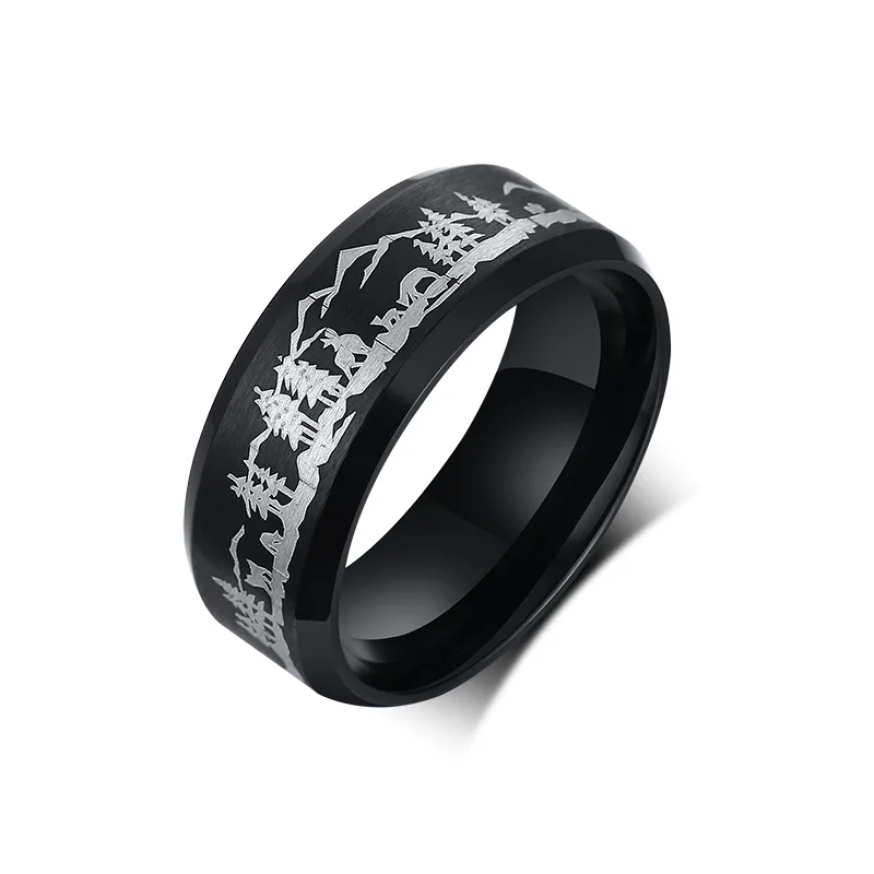 Гравировка животных природы и кольцо с лесом мужское из нержавеющей стали