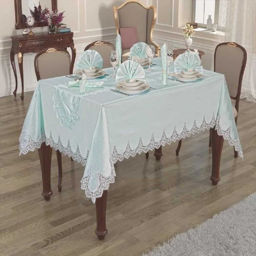 

18 pcs Luxurious Table Cloth Set Made in Turkey BLUE Embroideried Lace Tablecloths Rectangle Table Runners Ring Dinner Napkin