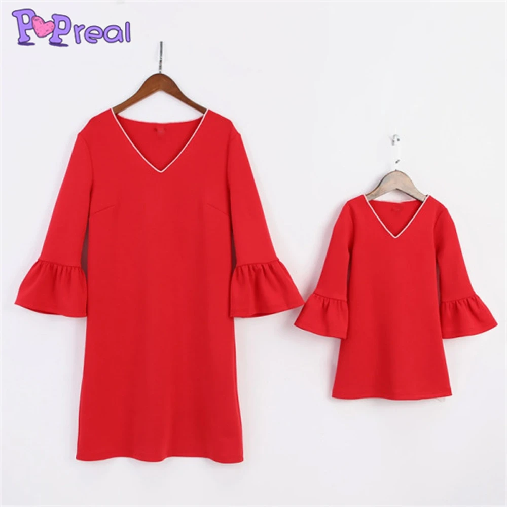 

PopReal Spring Autumn Solid Flared Sleeve Parent-Child Outfit Family Matching Outfits Mom And Daughter Dress Mother Kids