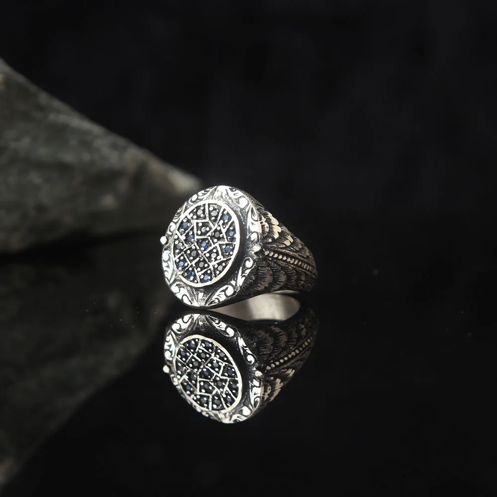 

Dark Blue Zircon 925 Silver Engraved Traditional Handmade Turkish Signet Ring Jewelry Gift for Women Men