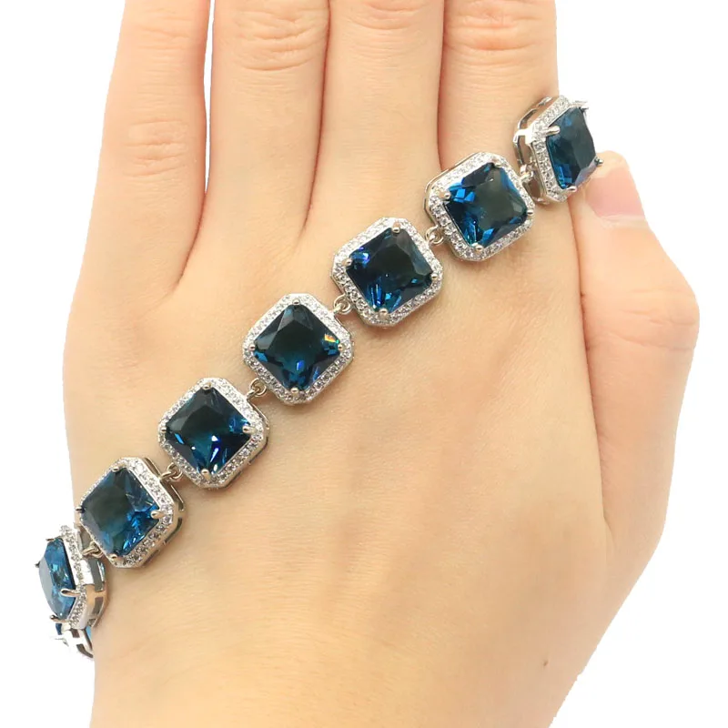 

14x14mm Deluxe Created London Blue Topaz White Cubic Zirconia Woman's Party Silver Bracelet 8.5-9.5inch