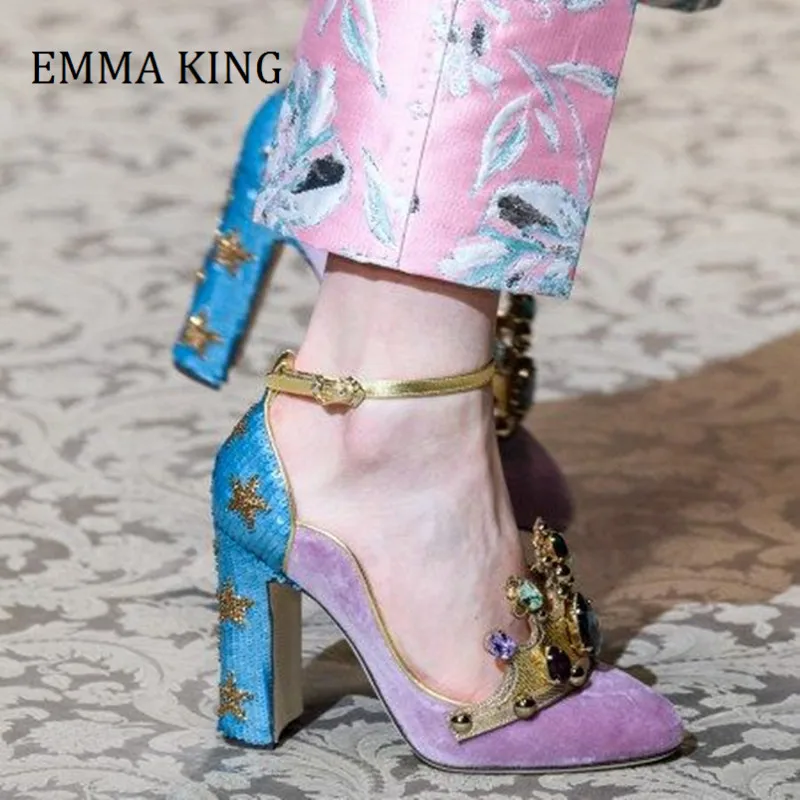 

Spring Women Crystal Crown Pumps Sequins Chunky Heel Metal Rhinestone Mary Janes Golden Strap Wedding Party Dress Shoes Women