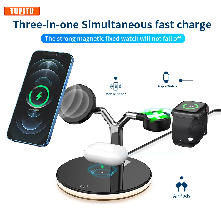 

3 in 1 Magnetic Wireless Charger iPhone 12 Pro Max/13 Charger Apple Watch 5 6 7 SE Airpods Pro 2 3 Charger Aluminum alloy holder