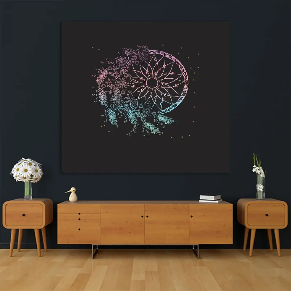 Гобелен Ловец снов перья цветы узор звездная ночь небо богемный стиль