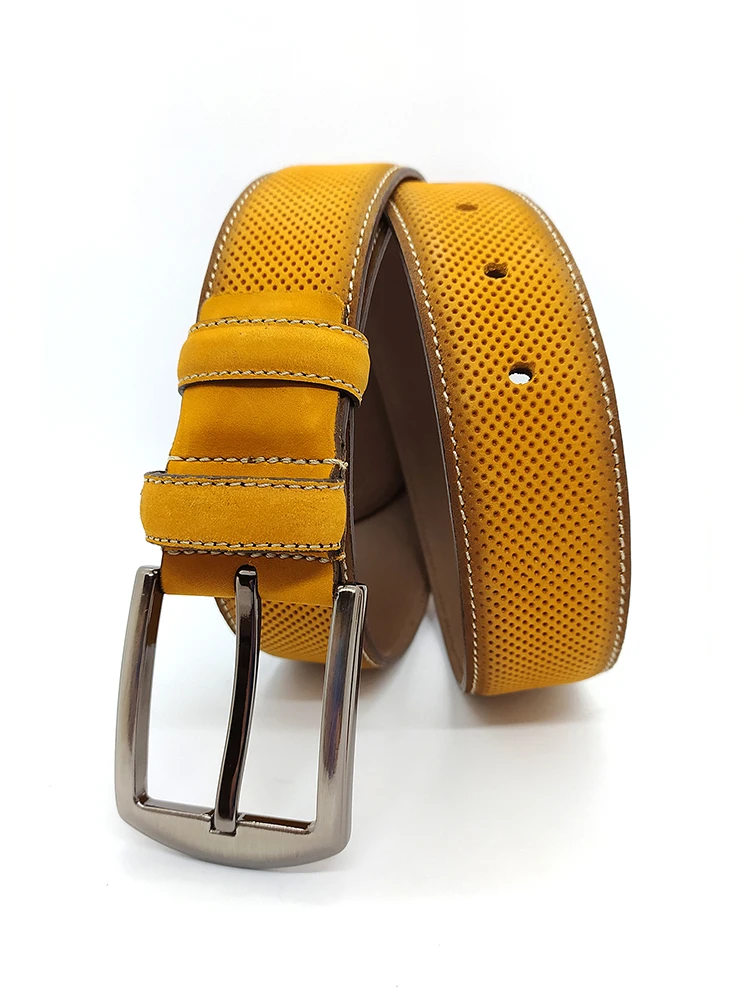 Genuine Nubuck Leather Handmade Gold Man Belt High Quality Calfskin For Pants Metal BuckleFor Casual Gift For Valentine's Day