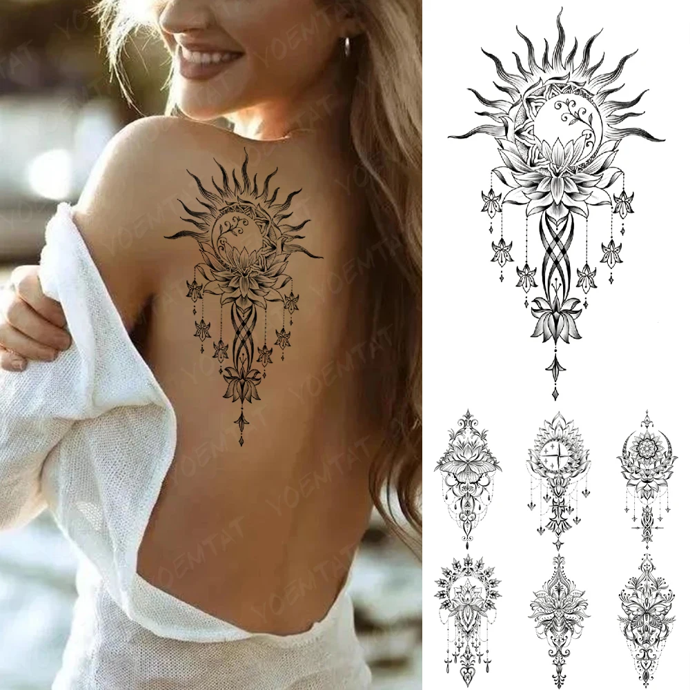 

Waterproof Temporary Tattoo Sticker Moon Sun Mandala Mehndi Lotus Henna Totem Flash Tatto Women Men Back Body Art Fake Tattoos