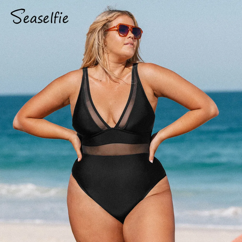 

SEASELFIE Plus Size Mesh Panel V-neck One Piece Swimsuit For Women Black Large Size Monokini Bathing Suit 2022 Beach Swimwear