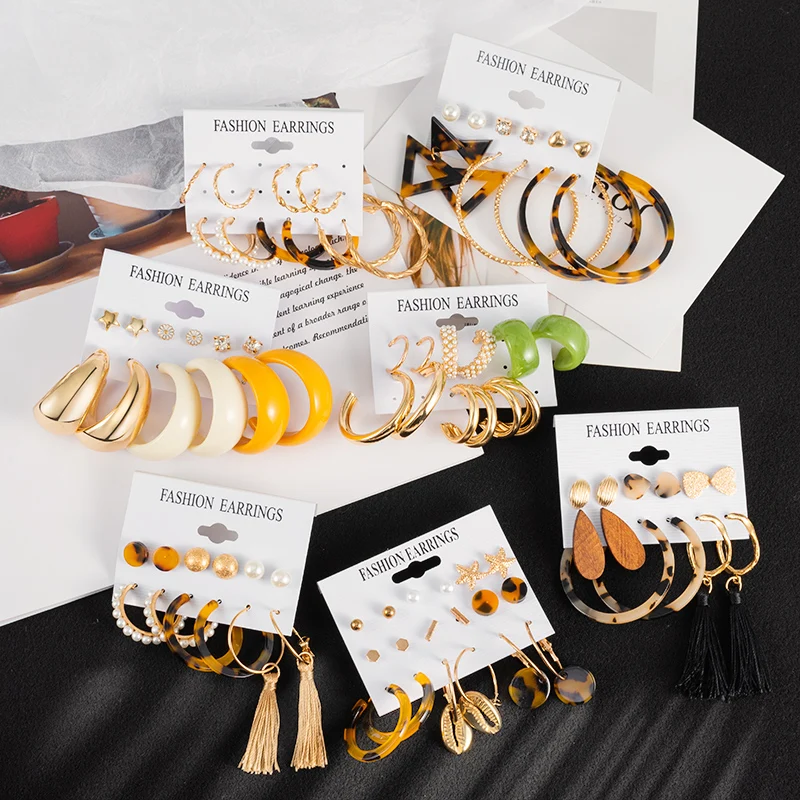 

Korean Fashion Bohemian Acrylic Earrings Set For Women Metal Geometirc Circle Pendant Earrings 2021 Trend Jewelry Party