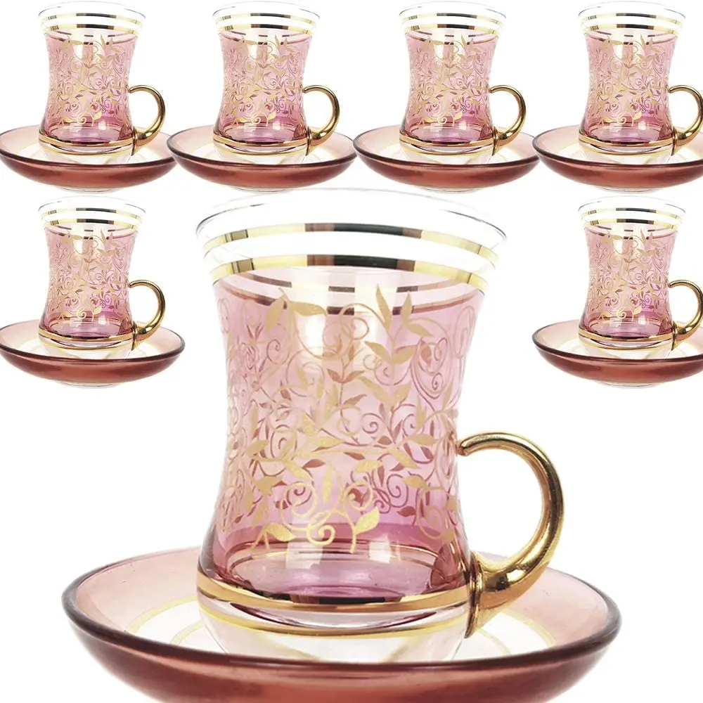 

Vintage Turkish Moroccan Tea Glasses Cups Saucers 6'lı Set Women Service for Decorative Party Drinking Cuisine Espresso Coffee Shara