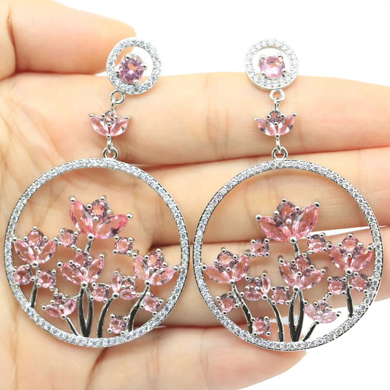 

62x37mm Highly Recommend Big Flowers Created Pink Morganite White CZ Women Wedding Silver Earrings