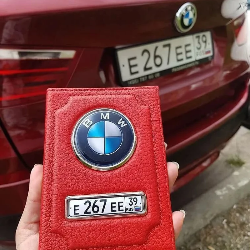 Обложка для автодокументов с логотипом и номером авто портмоне из кожи маркой