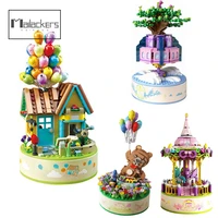 mailackers aerial city flying balloon house music box model sets building blocks friends carousel assemble toy for girls kids